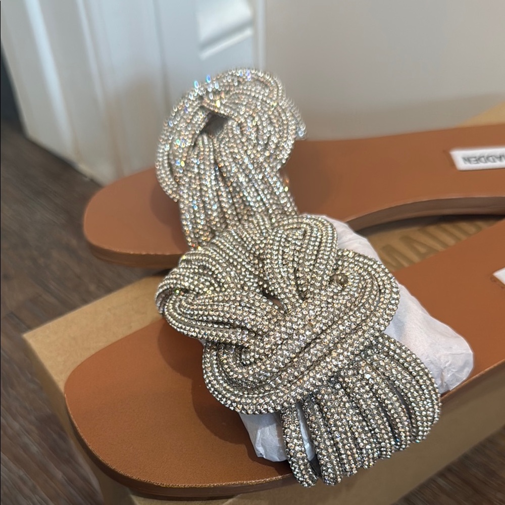 Steve Madden Adore Silver Braided Crystal Slide Sandals - Tan Footbed - Picture 3 of 7